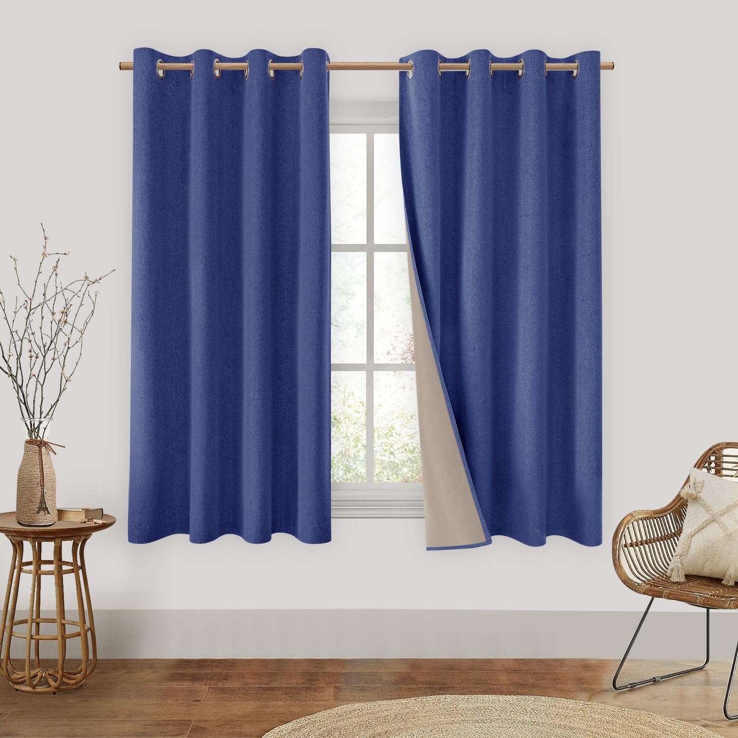 HOMEIDEAS 100% Blackout Curtains 2 Panels Faux Linen Curtains Royal Blue Room Darkening Curtains 52 X 63 Inches Thermal Insulate